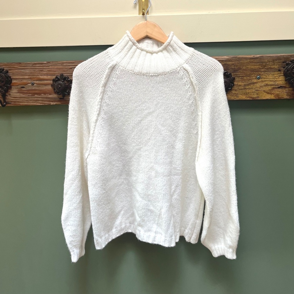 Elie Tahari Womens White Mock Neck Raglan Chunky Knit Pullover Sweater Size‎ M